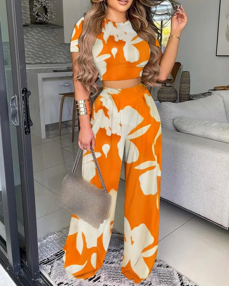 2 Piece Outfits for Women Short Sleeve Crop Top High Waist Wide Leg Long Pant Sets Tracksuit Sport Set