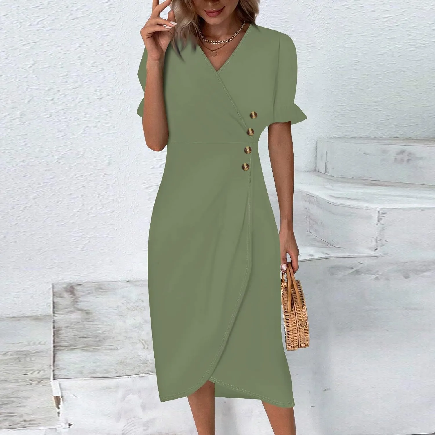 2024 Women's Wrap V Neck Beach Dresses Elastic Waist Tiered Belted Ruffle Hem Mini Boho Dress