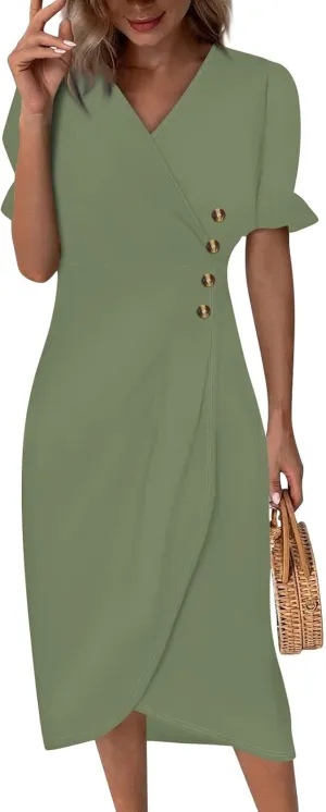 2024 Women's Wrap V Neck Beach Dresses Elastic Waist Tiered Belted Ruffle Hem Mini Boho Dress