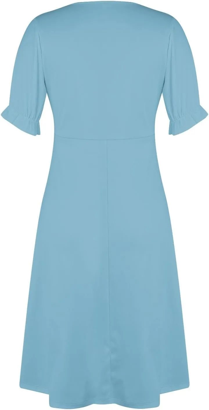 2024 Women's Wrap V Neck Beach Dresses Elastic Waist Tiered Belted Ruffle Hem Mini Boho Dress