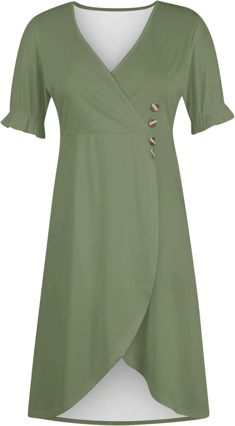 2024 Women's Wrap V Neck Beach Dresses Elastic Waist Tiered Belted Ruffle Hem Mini Boho Dress