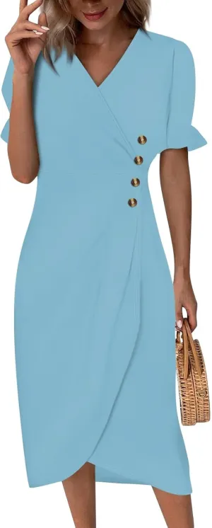 2024 Women's Wrap V Neck Beach Dresses Elastic Waist Tiered Belted Ruffle Hem Mini Boho Dress