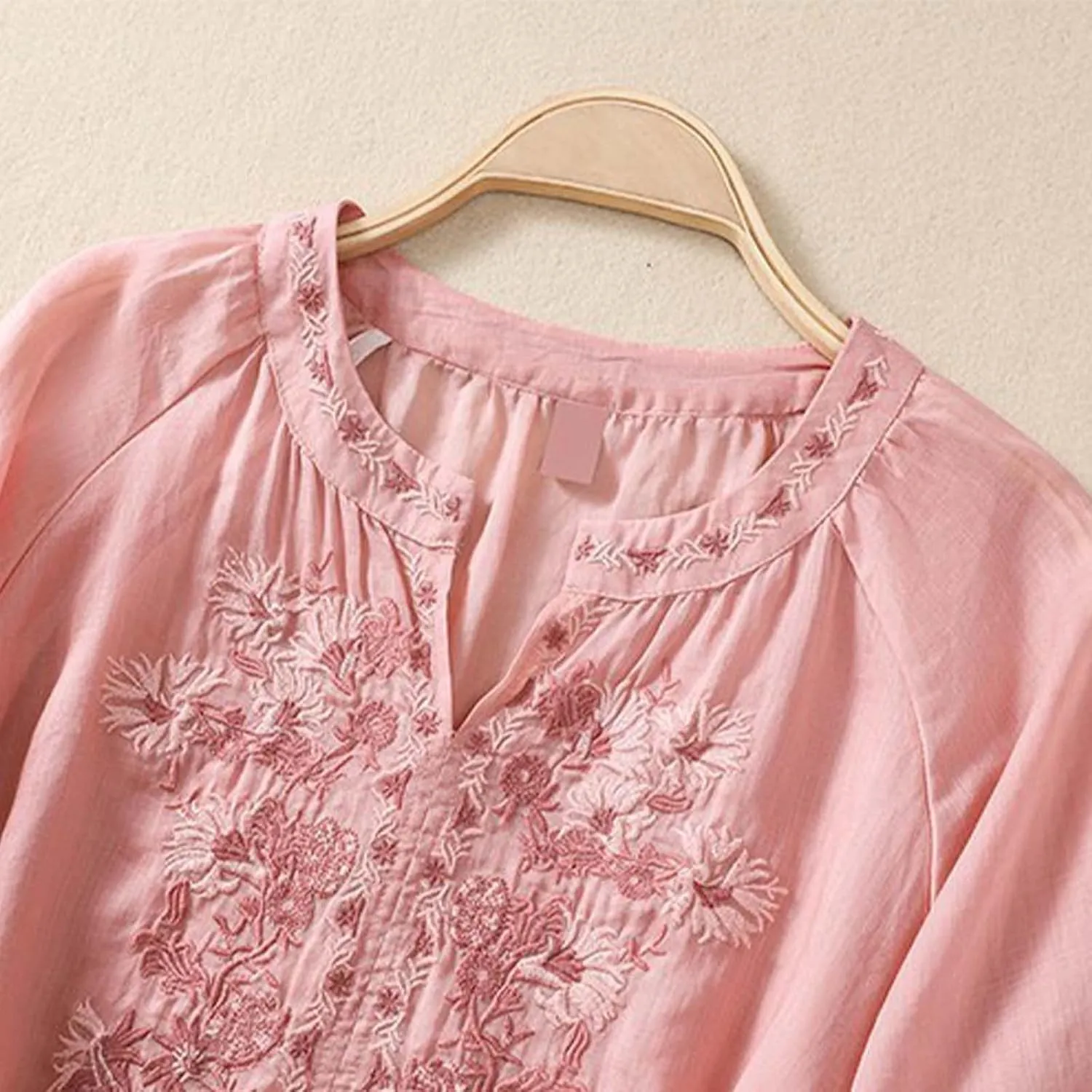 3/4 Sleeve Linen Shirts for Women 2025 Summer Retro Embroidered Boho Tops V-Neck Dressy Casual Trendy Vacation Blouse
