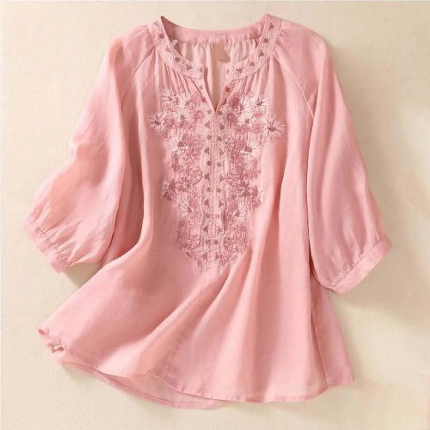 3/4 Sleeve Linen Shirts for Women 2025 Summer Retro Embroidered Boho Tops V-Neck Dressy Casual Trendy Vacation Blouse