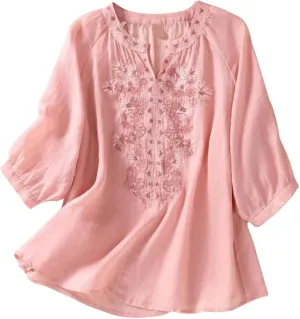 3/4 Sleeve Linen Shirts for Women 2025 Summer Retro Embroidered Boho Tops V-Neck Dressy Casual Trendy Vacation Blouse