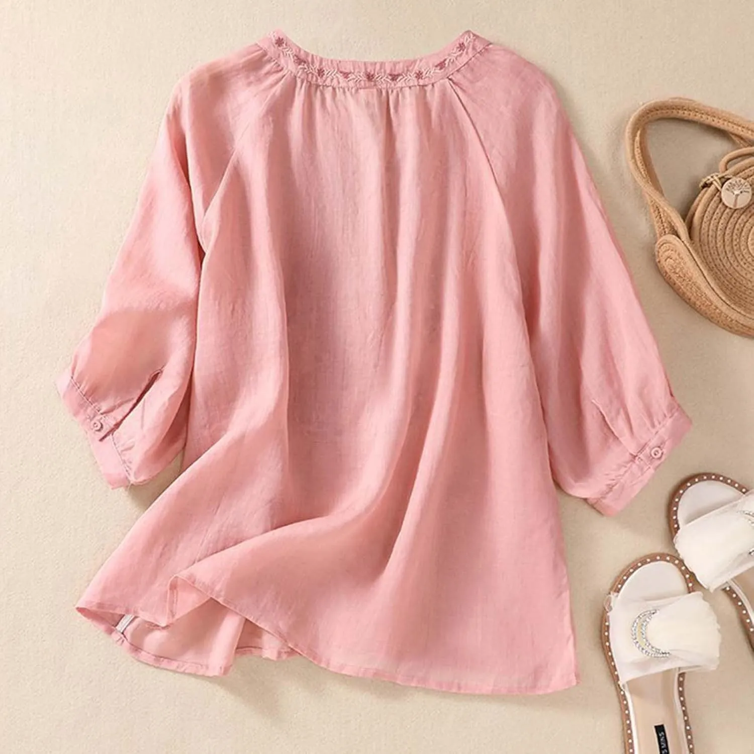 3/4 Sleeve Linen Shirts for Women 2025 Summer Retro Embroidered Boho Tops V-Neck Dressy Casual Trendy Vacation Blouse