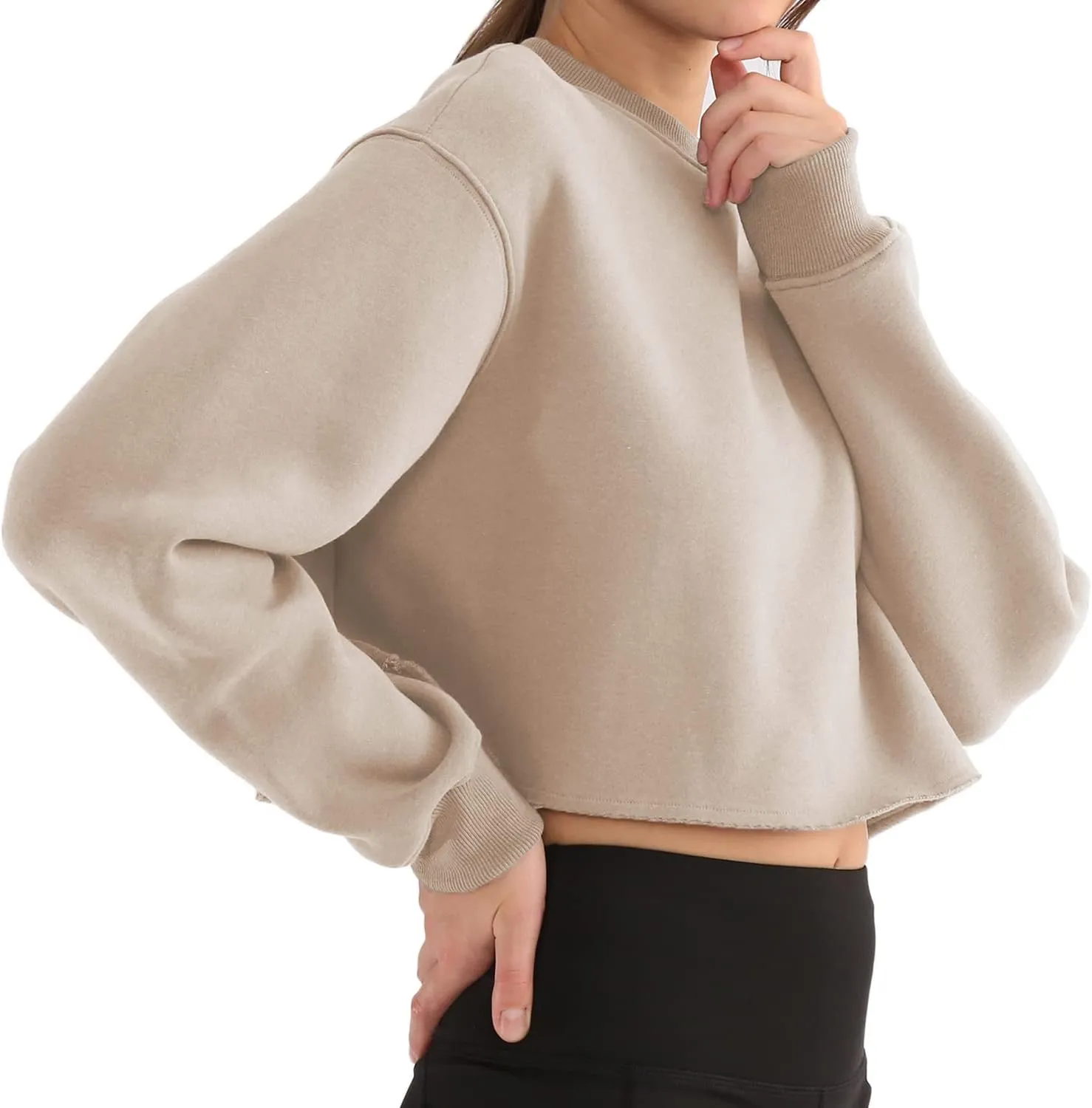 Amazhiyu Women' s Pullover Cropped Sweatshirt Crew Neck Long Sleeve Fleece Crop Tops