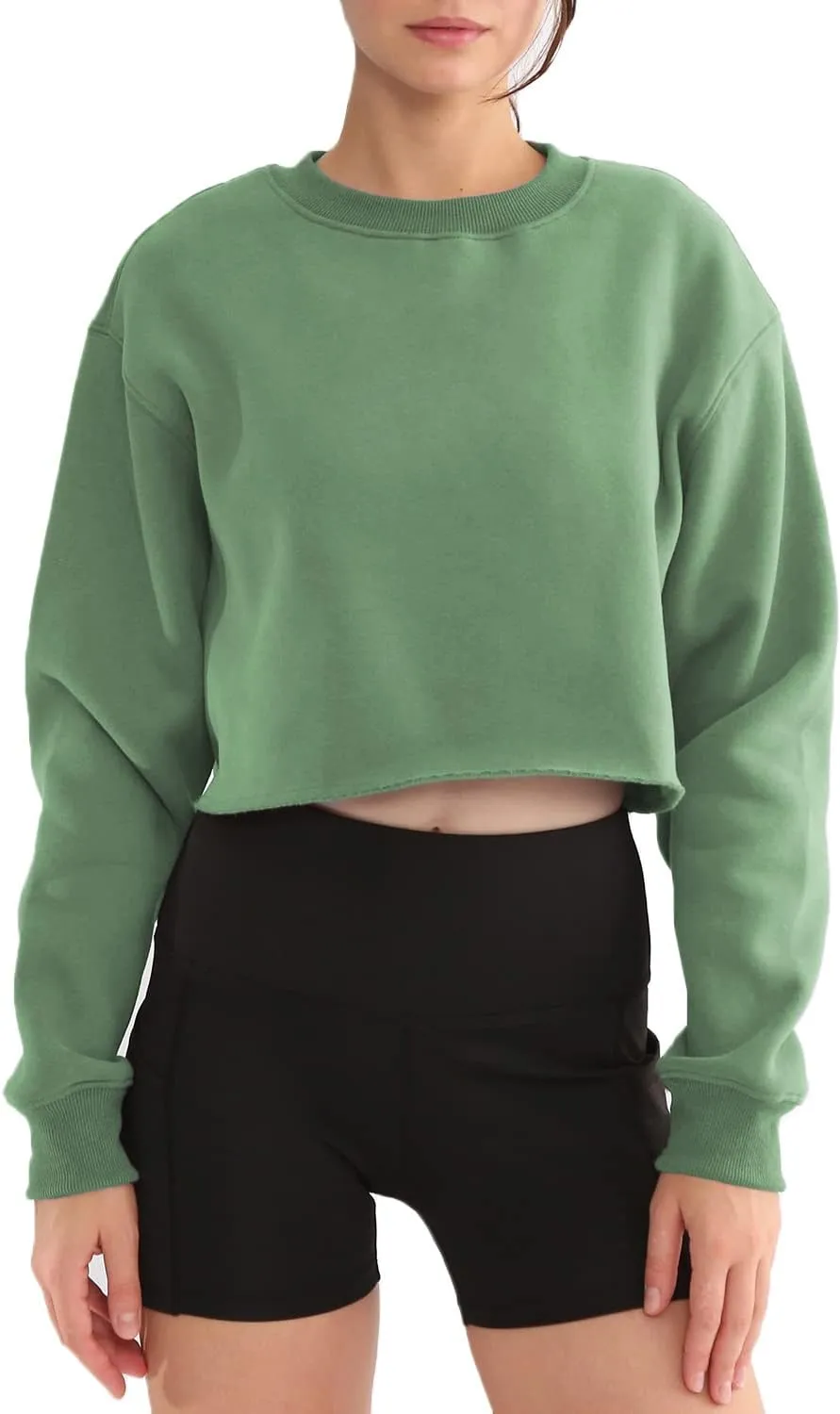 Amazhiyu Women' s Pullover Cropped Sweatshirt Crew Neck Long Sleeve Fleece Crop Tops