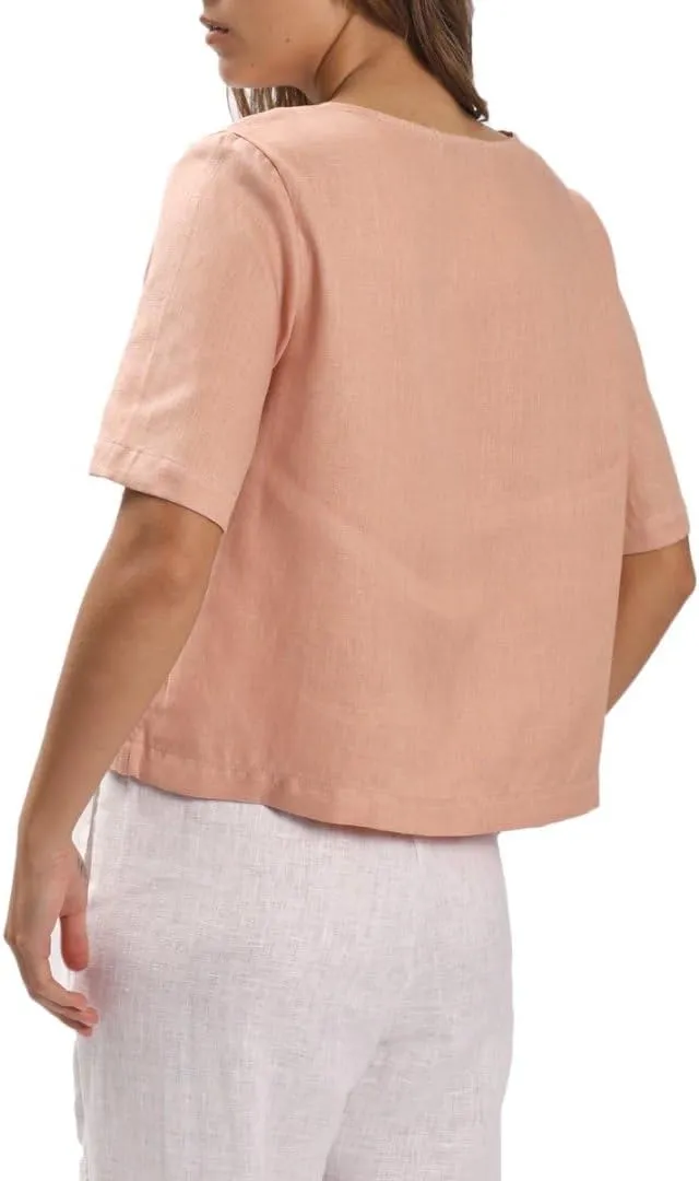 Amazhiyu Womens 100% Linen Short Sleeve Blouse Square Neck Button Down Crop Tops