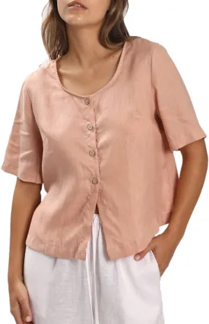 Amazhiyu Womens 100% Linen Short Sleeve Blouse Square Neck Button Down Crop Tops