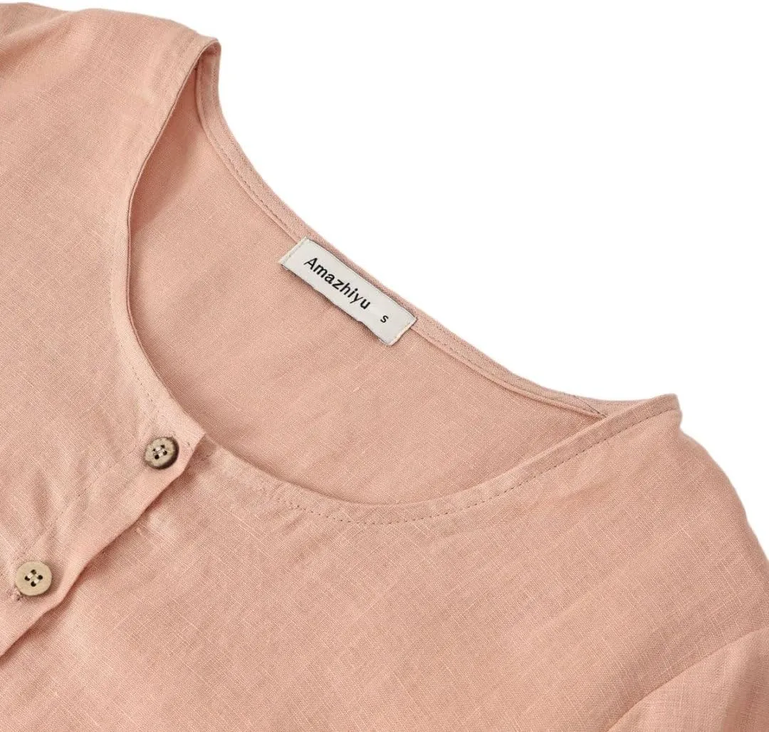 Amazhiyu Womens 100% Linen Short Sleeve Blouse Square Neck Button Down Crop Tops