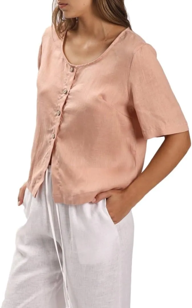 Amazhiyu Womens 100% Linen Short Sleeve Blouse Square Neck Button Down Crop Tops