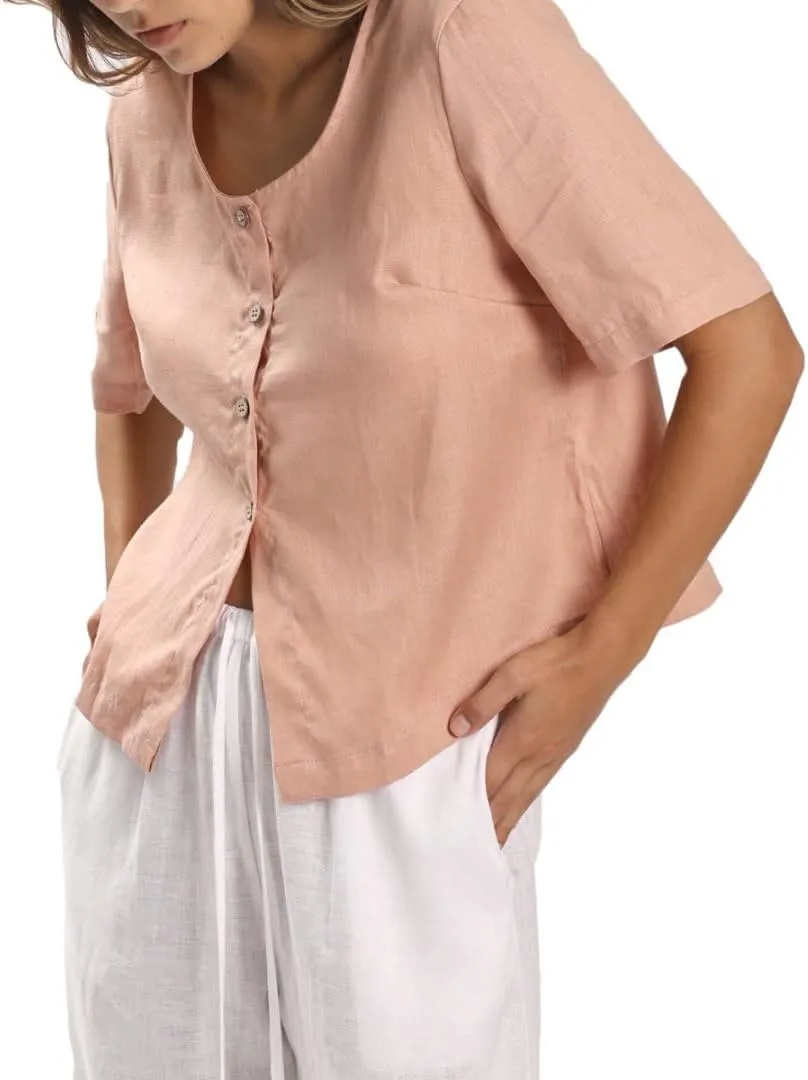 Amazhiyu Womens 100% Linen Short Sleeve Blouse Square Neck Button Down Crop Tops