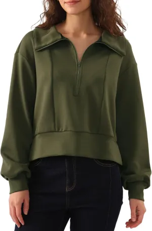 Amazhiyu Womens Cropped Quarter Zip Sweatshirts Long Sleeve Pullover Slightly Crop Tops