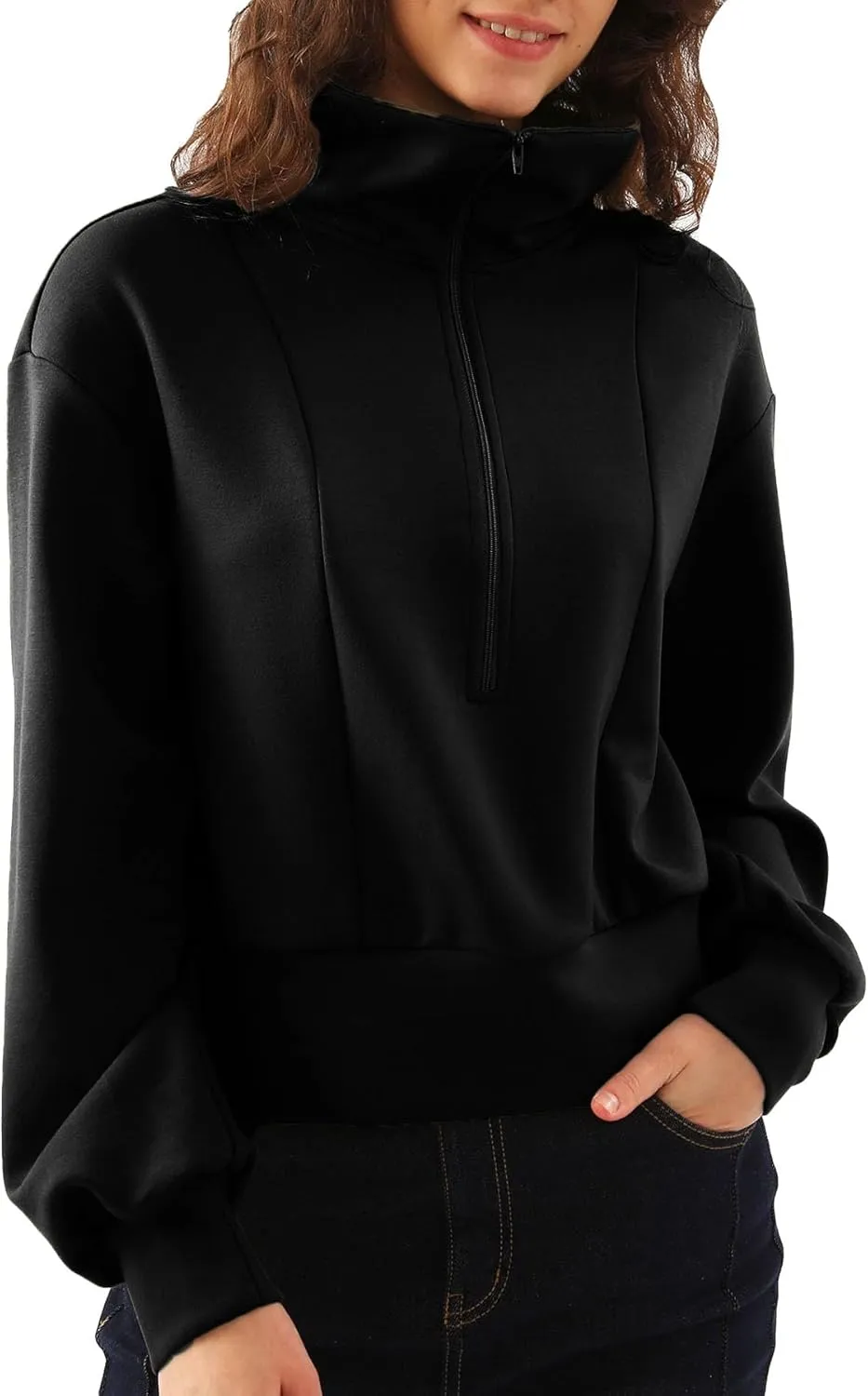 Amazhiyu Womens Cropped Quarter Zip Sweatshirts Long Sleeve Pullover Slightly Crop Tops