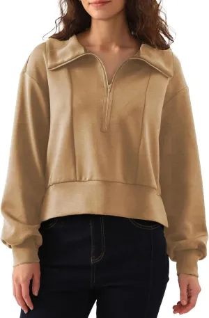 Amazhiyu Womens Cropped Quarter Zip Sweatshirts Long Sleeve Pullover Slightly Crop Tops