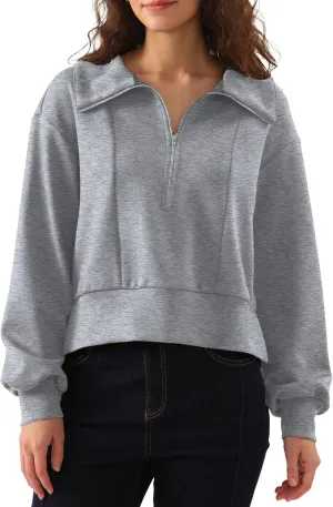Amazhiyu Womens Cropped Quarter Zip Sweatshirts Long Sleeve Pullover Slightly Crop Tops