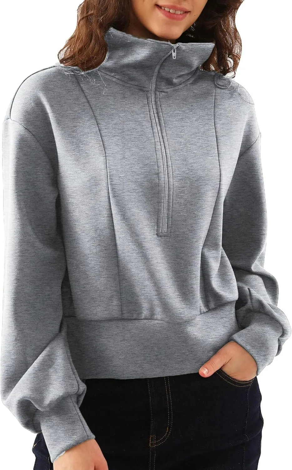 Amazhiyu Womens Cropped Quarter Zip Sweatshirts Long Sleeve Pullover Slightly Crop Tops
