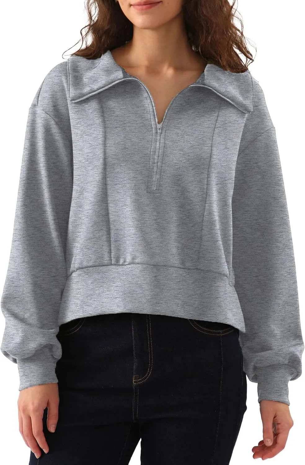 Amazhiyu Womens Cropped Quarter Zip Sweatshirts Long Sleeve Pullover Slightly Crop Tops