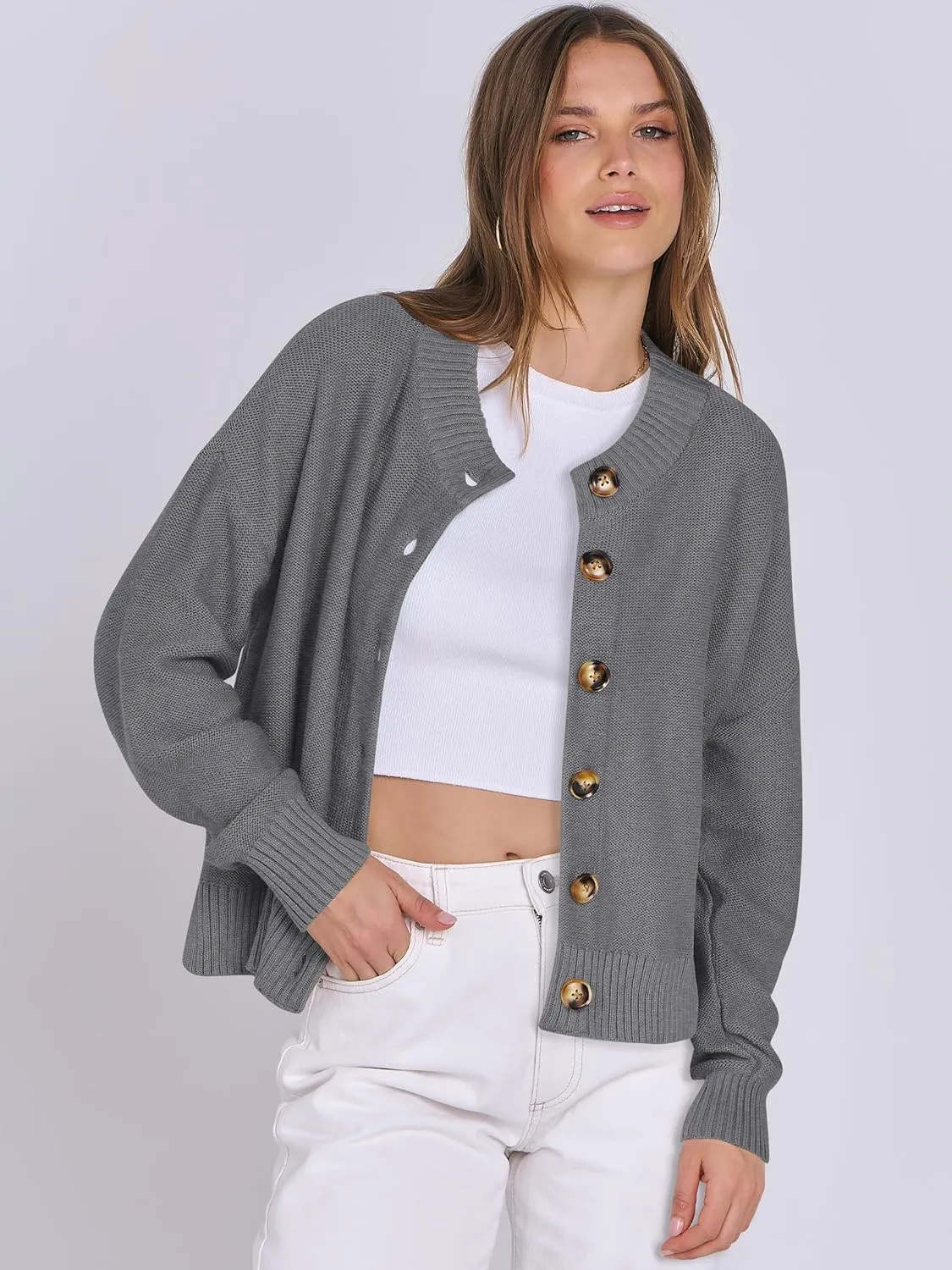 ANRABESS Women Knit Cardigans Sweater Open Front Button Down Long Sleeve Cropped Lady Jacket Outwear 2025 Spring Outfits