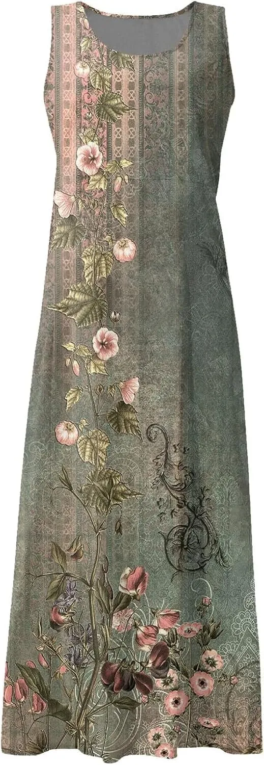 Apvirdy Linen Dress for Women Summer Sleeveless Solid Casual Baggy Flowy Maxi Dresses with Pockets