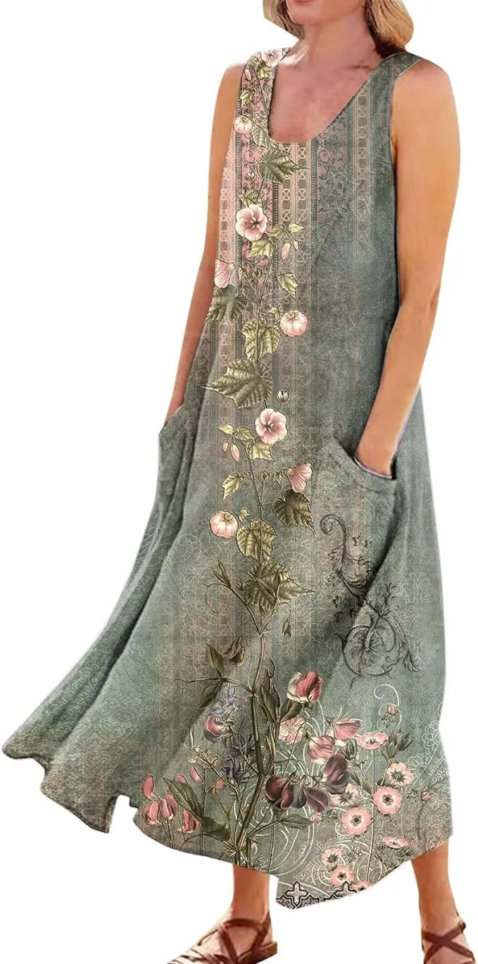 Apvirdy Linen Dress for Women Summer Sleeveless Solid Casual Baggy Flowy Maxi Dresses with Pockets