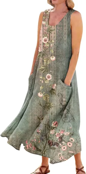 Apvirdy Linen Dress for Women Summer Sleeveless Solid Casual Baggy Flowy Maxi Dresses with Pockets