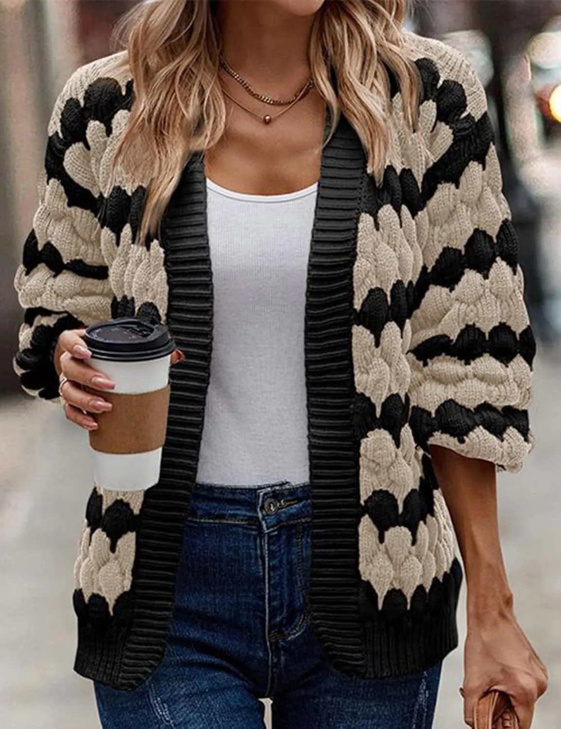 Arssm Womens Oversized Chunky Cardigan Sweaters Open Front Striped Color Block Cable Knit Fall Winter Sweater Coats