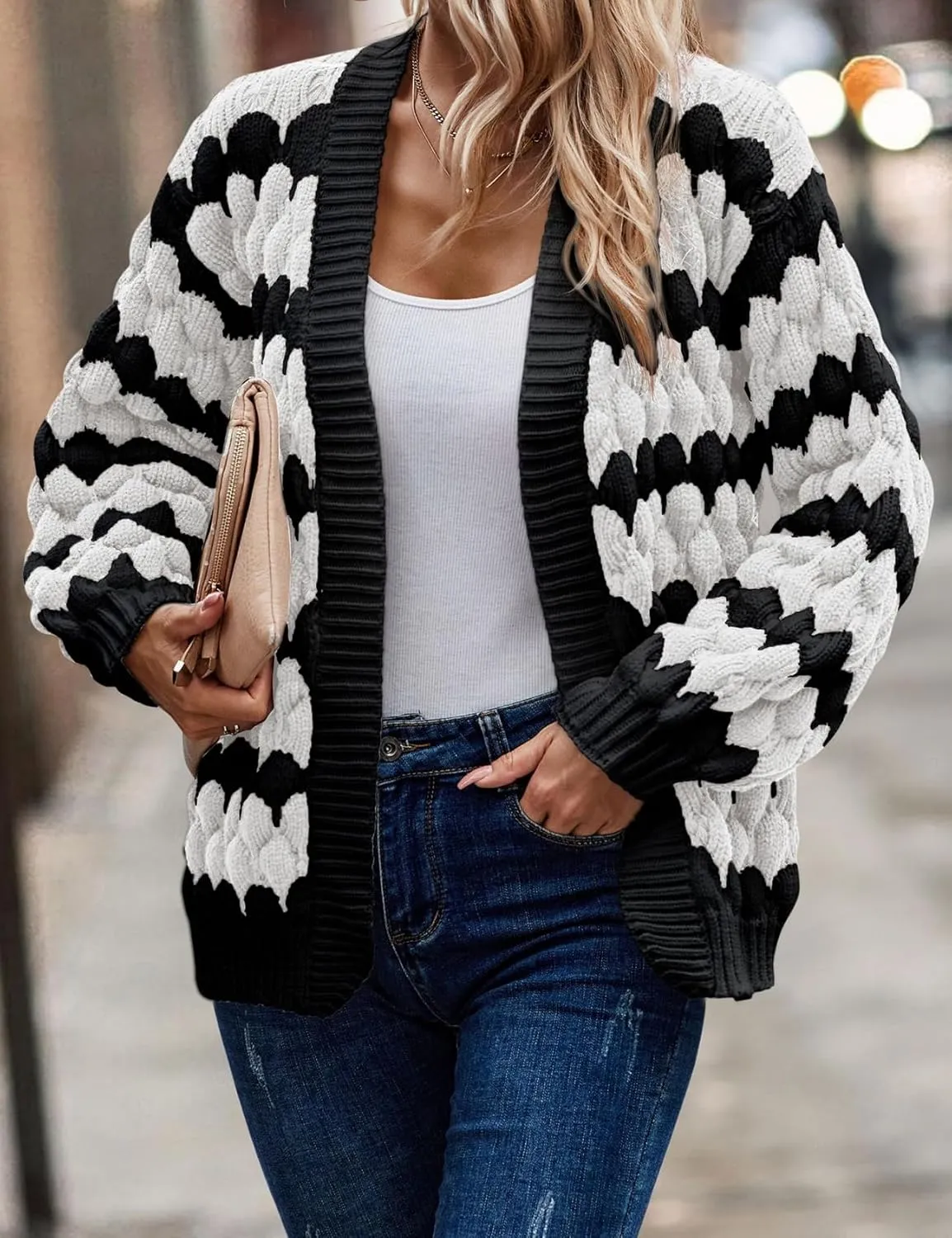 Arssm Womens Oversized Chunky Cardigan Sweaters Open Front Striped Color Block Cable Knit Fall Winter Sweater Coats