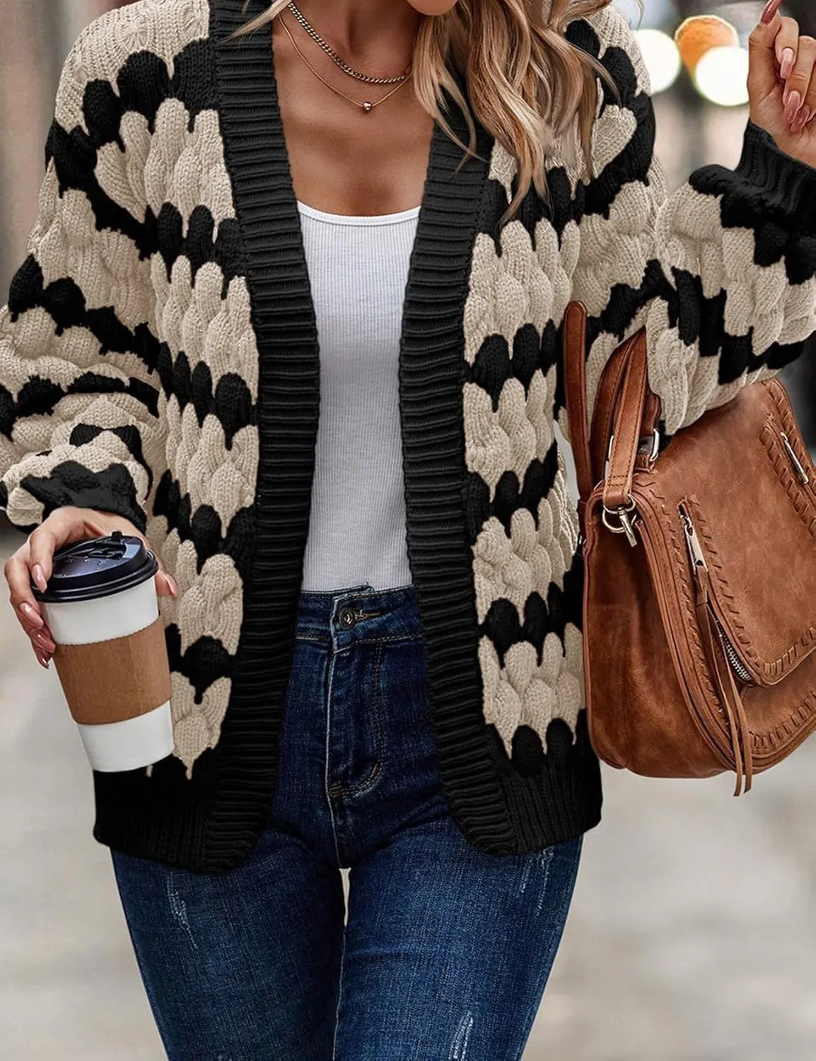 Arssm Womens Oversized Chunky Cardigan Sweaters Open Front Striped Color Block Cable Knit Fall Winter Sweater Coats