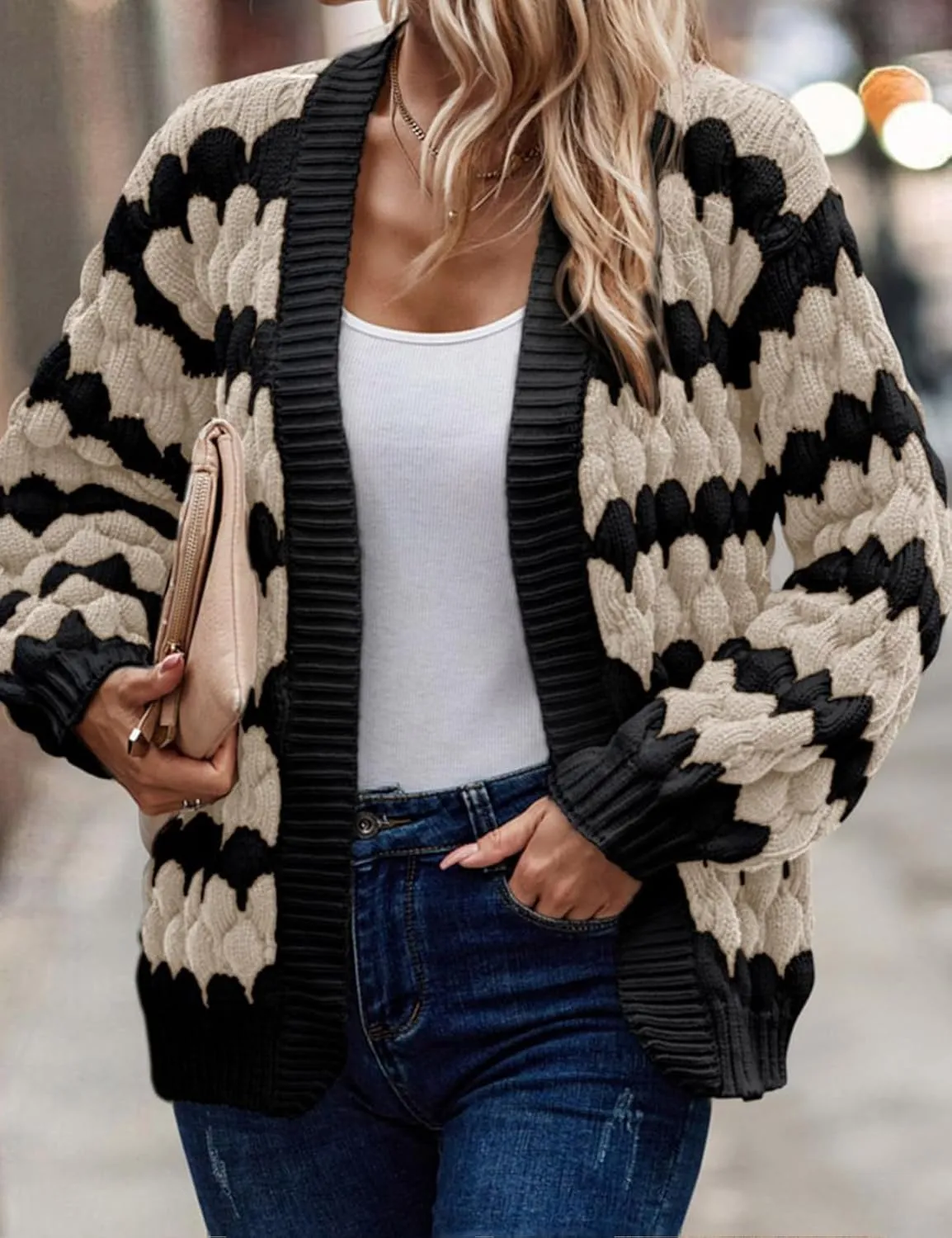 Arssm Womens Oversized Chunky Cardigan Sweaters Open Front Striped Color Block Cable Knit Fall Winter Sweater Coats