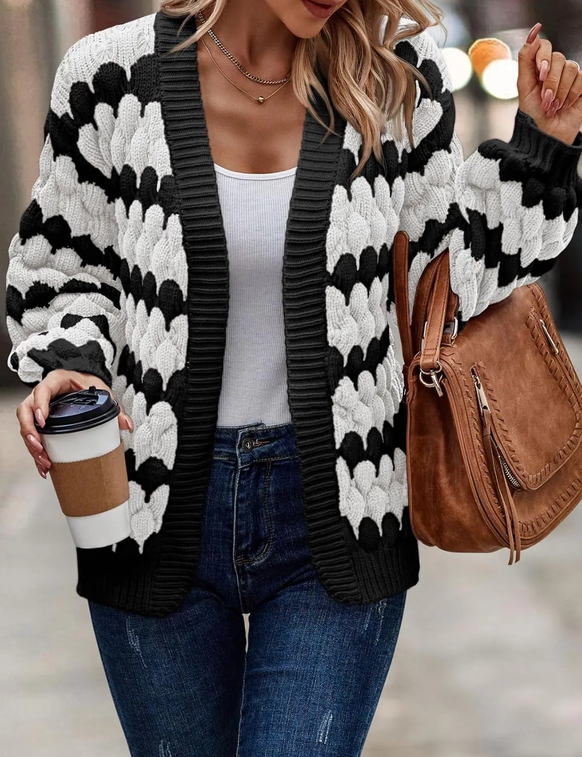 Arssm Womens Oversized Chunky Cardigan Sweaters Open Front Striped Color Block Cable Knit Fall Winter Sweater Coats