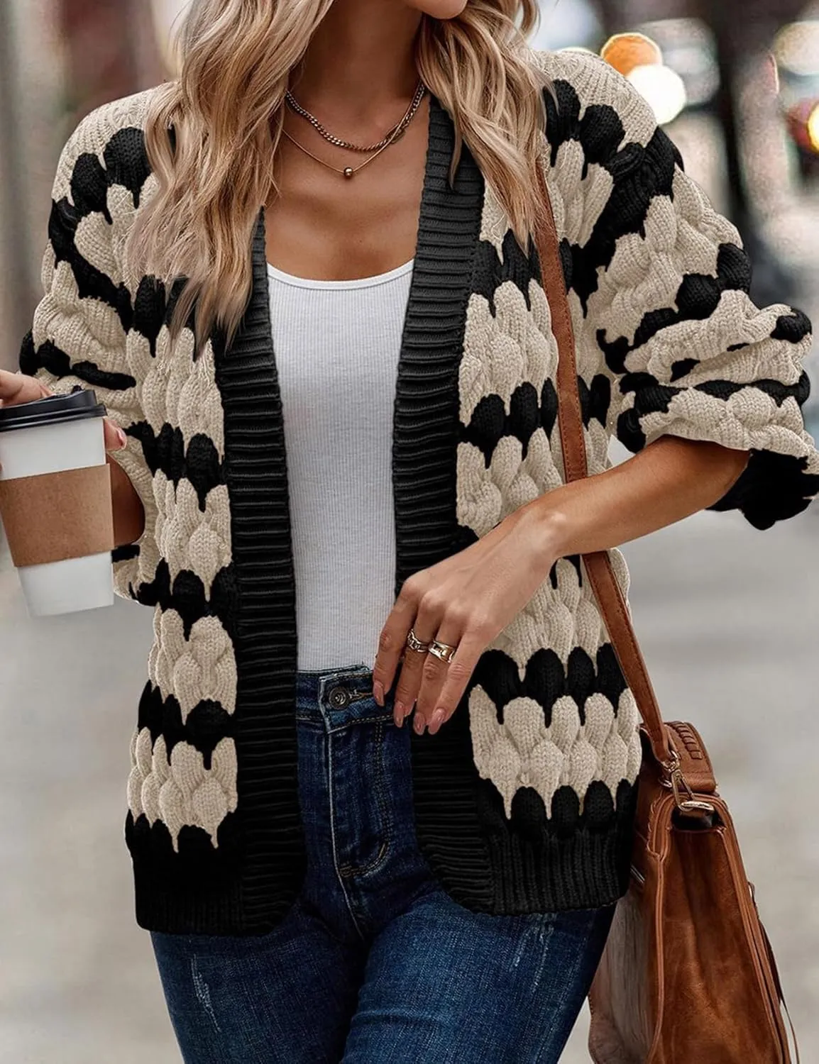 Arssm Womens Oversized Chunky Cardigan Sweaters Open Front Striped Color Block Cable Knit Fall Winter Sweater Coats