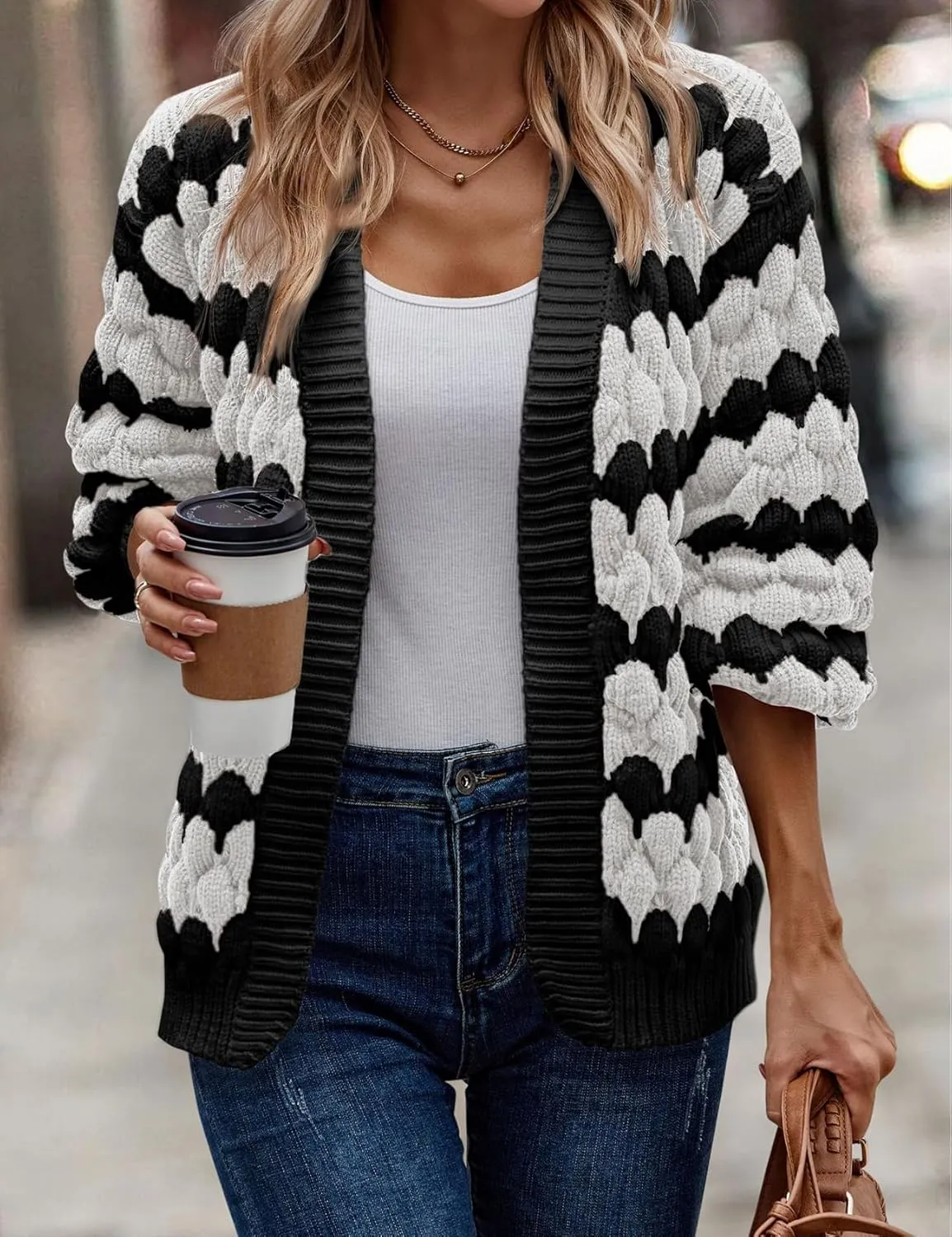 Arssm Womens Oversized Chunky Cardigan Sweaters Open Front Striped Color Block Cable Knit Fall Winter Sweater Coats