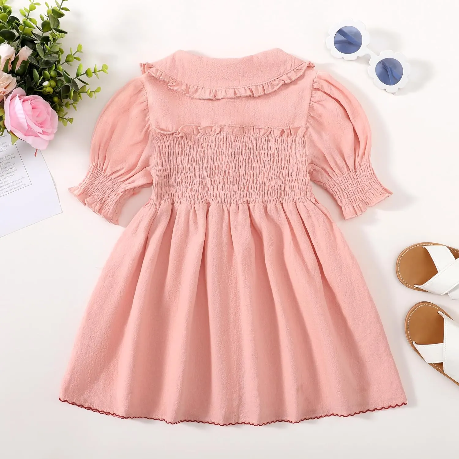Baby Toddler Girls Dress Short Sleeve Vintage Peter Pan Collar Summer Casual Mini Cotton Linen Dresses