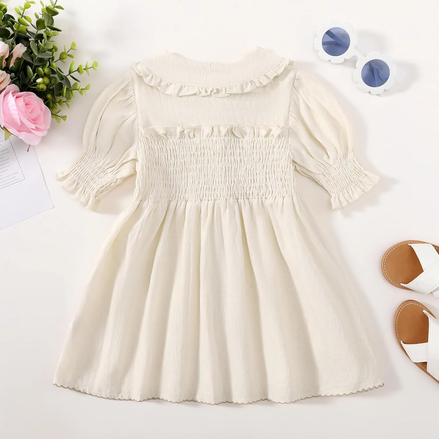 Baby Toddler Girls Dress Short Sleeve Vintage Peter Pan Collar Summer Casual Mini Cotton Linen Dresses