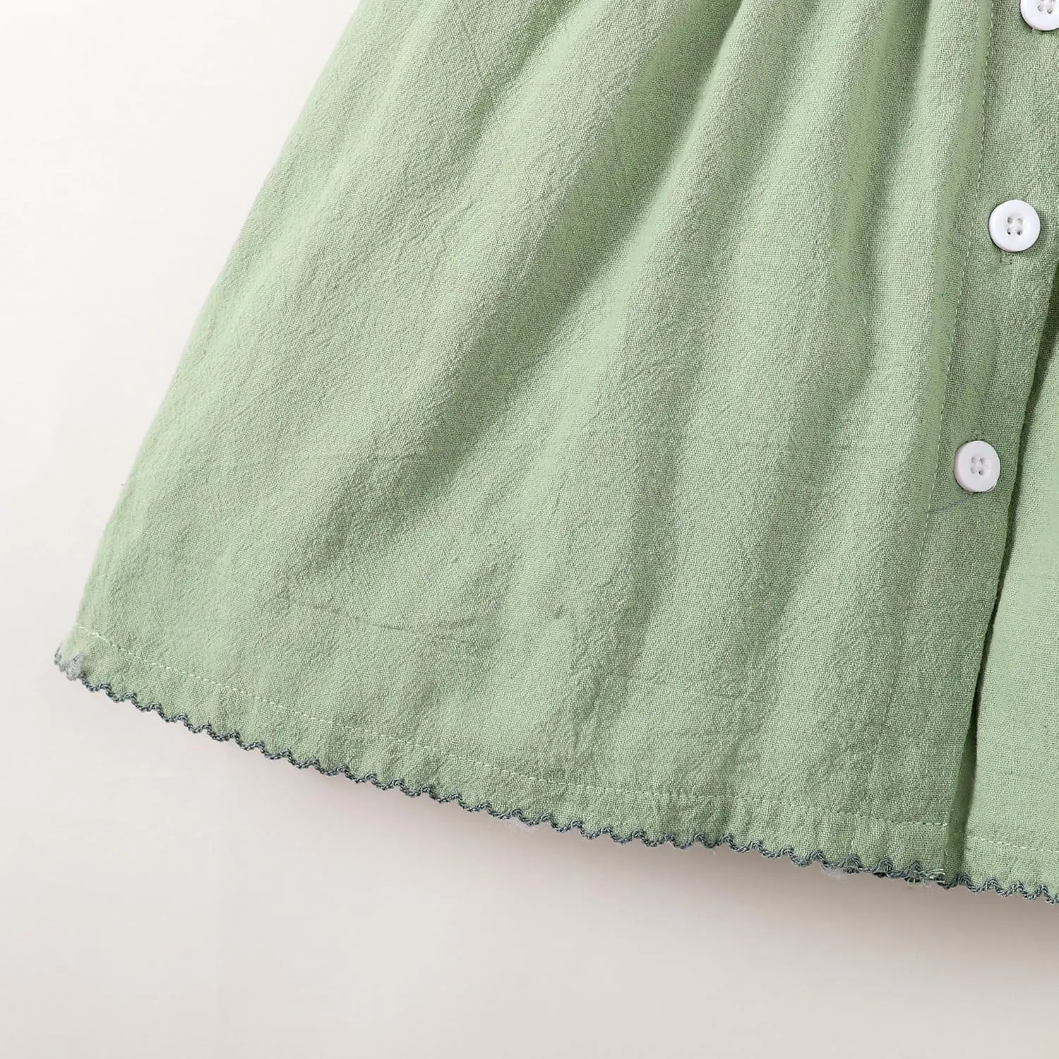 Baby Toddler Girls Dress Short Sleeve Vintage Peter Pan Collar Summer Casual Mini Cotton Linen Dresses