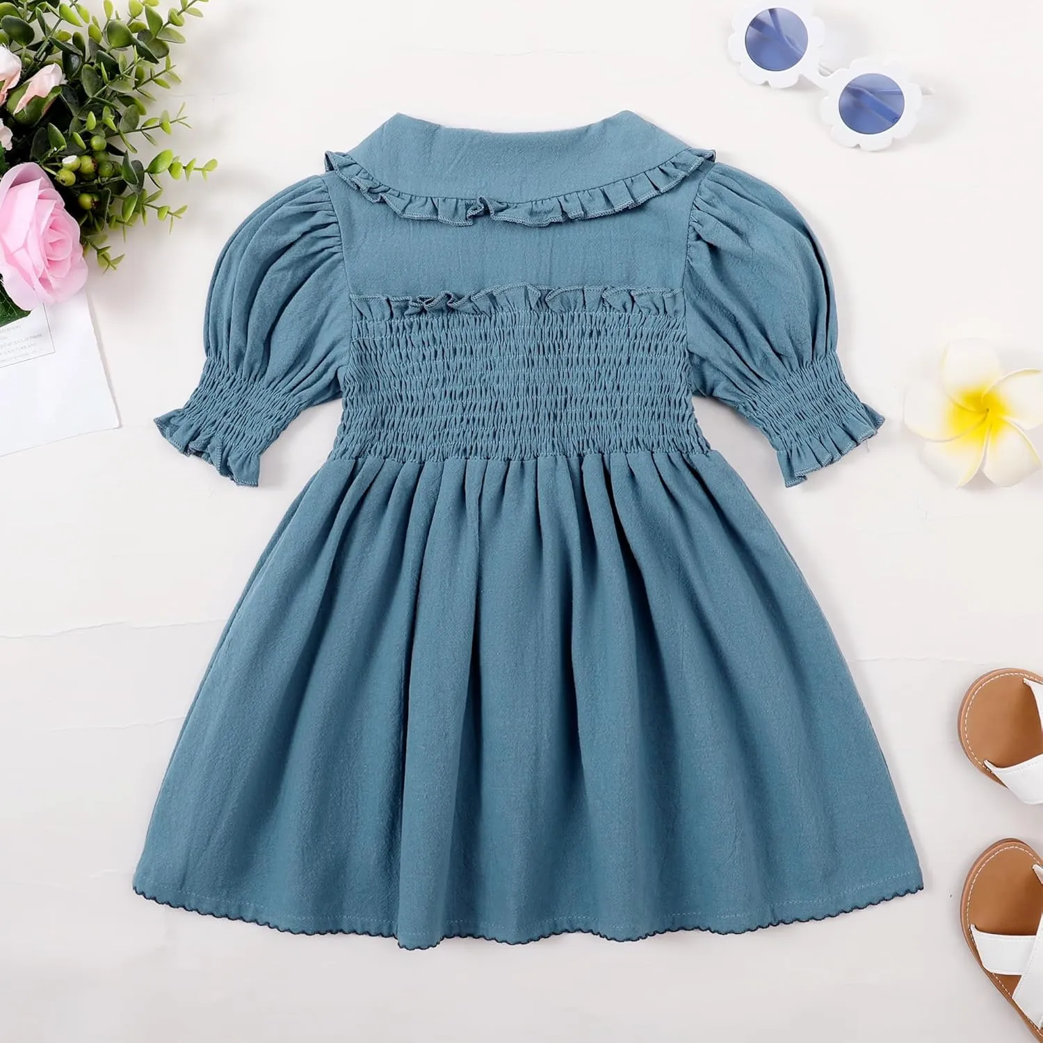 Baby Toddler Girls Dress Short Sleeve Vintage Peter Pan Collar Summer Casual Mini Cotton Linen Dresses