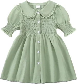 Baby Toddler Girls Dress Short Sleeve Vintage Peter Pan Collar Summer Casual Mini Cotton Linen Dresses