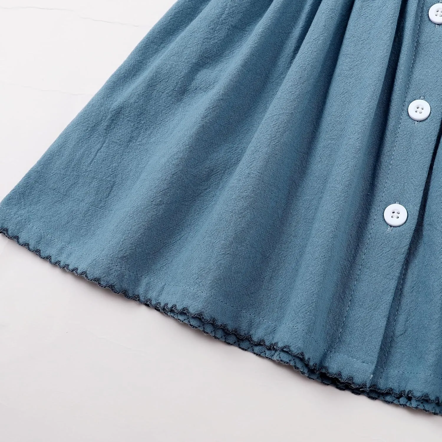 Baby Toddler Girls Dress Short Sleeve Vintage Peter Pan Collar Summer Casual Mini Cotton Linen Dresses