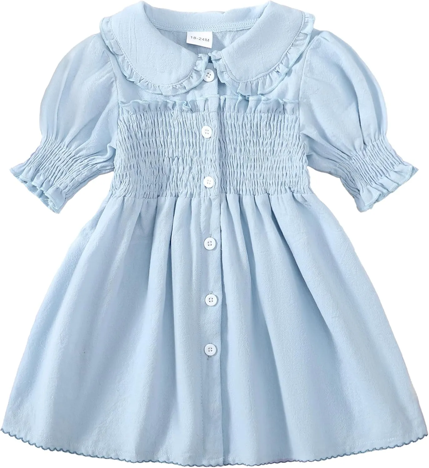 Baby Toddler Girls Dress Short Sleeve Vintage Peter Pan Collar Summer Casual Mini Cotton Linen Dresses