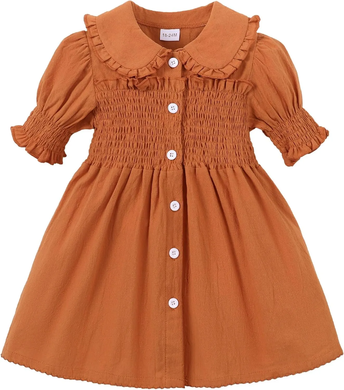 Baby Toddler Girls Dress Short Sleeve Vintage Peter Pan Collar Summer Casual Mini Cotton Linen Dresses