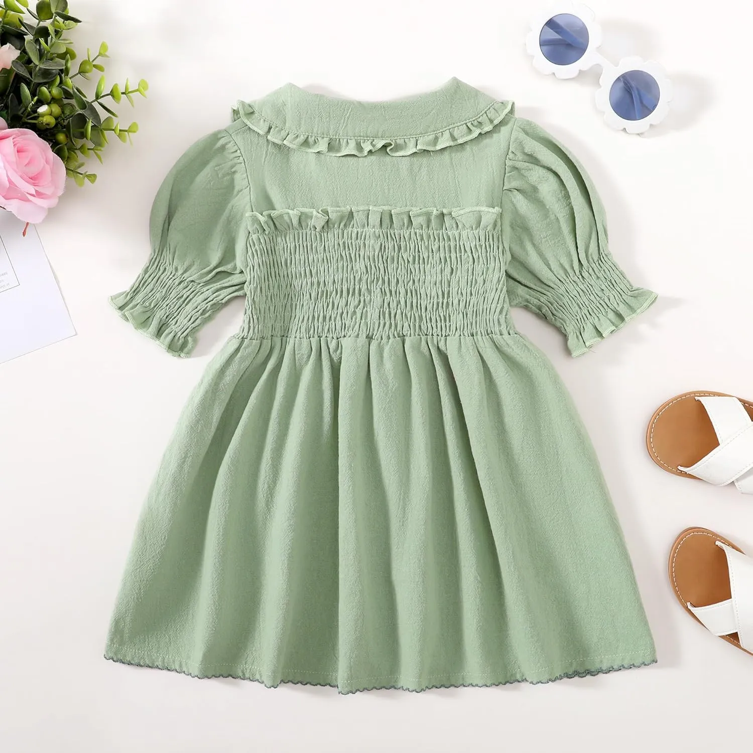 Baby Toddler Girls Dress Short Sleeve Vintage Peter Pan Collar Summer Casual Mini Cotton Linen Dresses