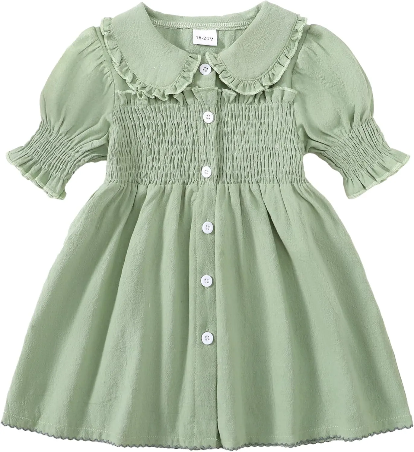 Baby Toddler Girls Dress Short Sleeve Vintage Peter Pan Collar Summer Casual Mini Cotton Linen Dresses