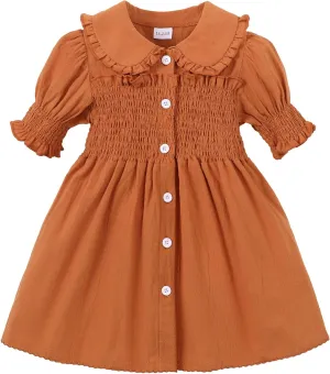 Baby Toddler Girls Dress Short Sleeve Vintage Peter Pan Collar Summer Casual Mini Cotton Linen Dresses
