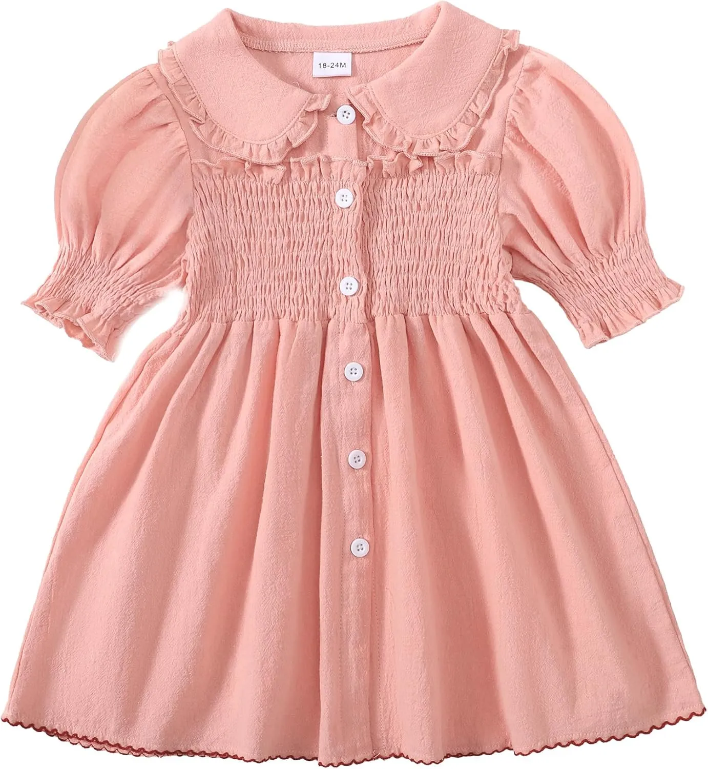 Baby Toddler Girls Dress Short Sleeve Vintage Peter Pan Collar Summer Casual Mini Cotton Linen Dresses