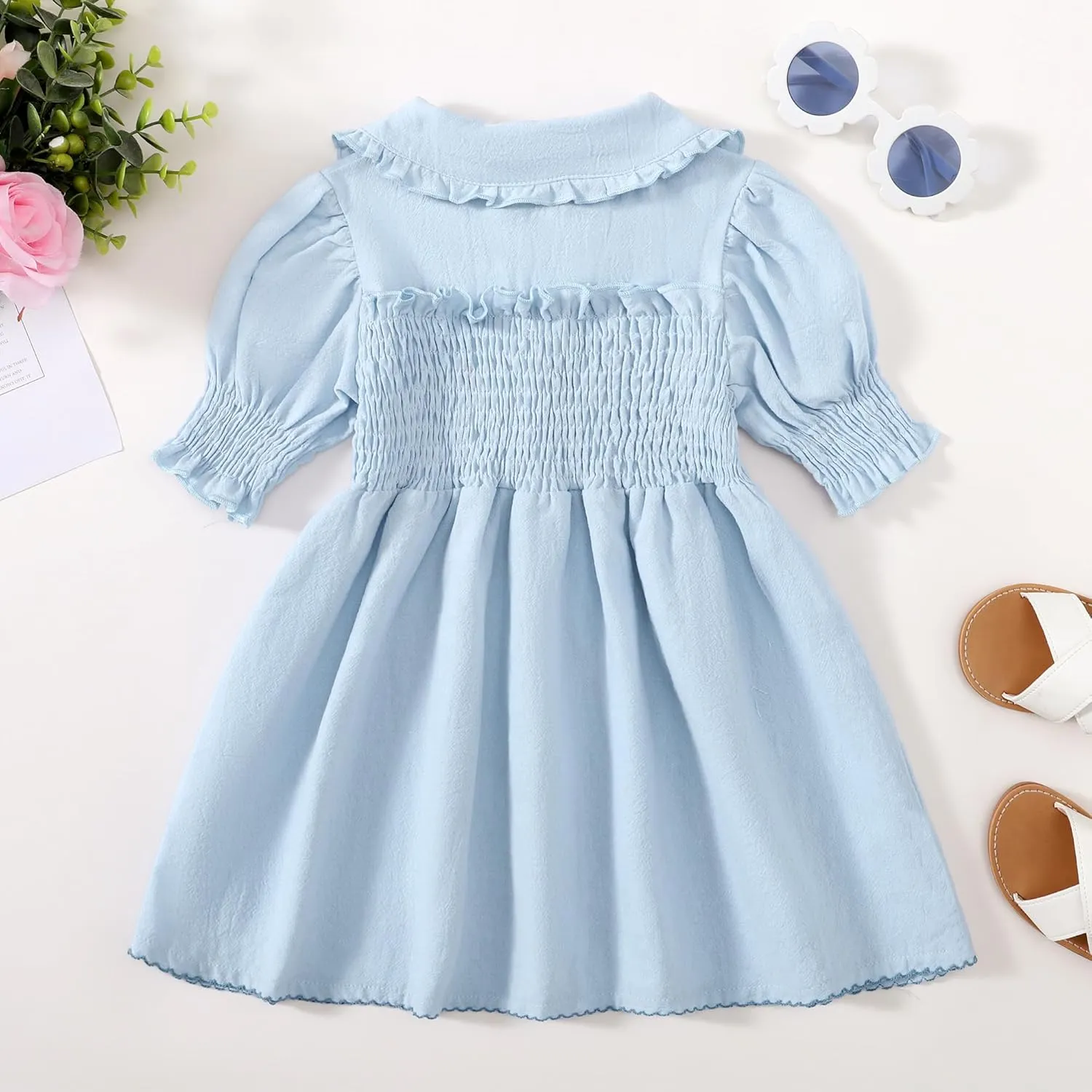 Baby Toddler Girls Dress Short Sleeve Vintage Peter Pan Collar Summer Casual Mini Cotton Linen Dresses