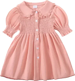 Baby Toddler Girls Dress Short Sleeve Vintage Peter Pan Collar Summer Casual Mini Cotton Linen Dresses