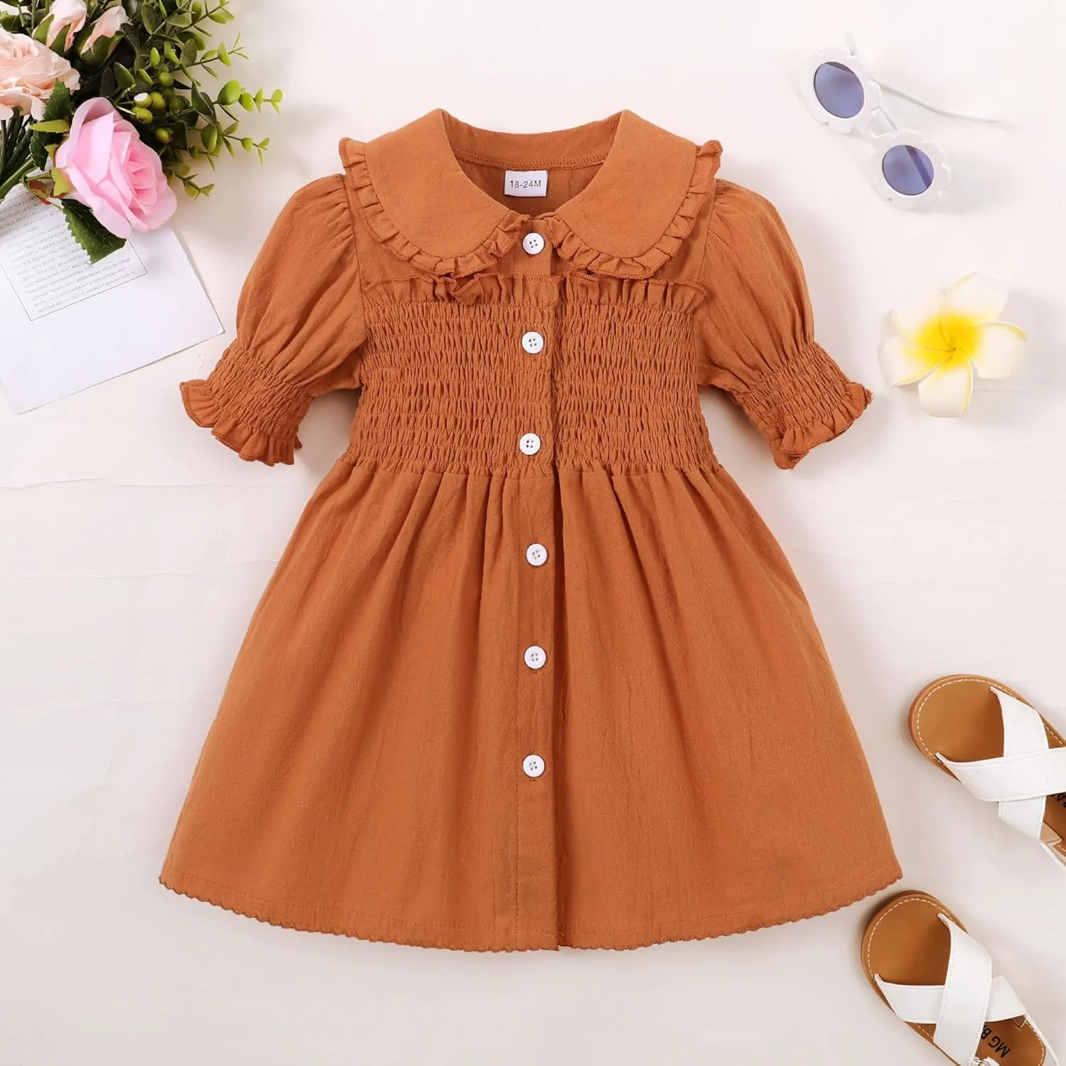 Baby Toddler Girls Dress Short Sleeve Vintage Peter Pan Collar Summer Casual Mini Cotton Linen Dresses