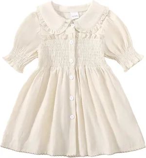 Baby Toddler Girls Dress Short Sleeve Vintage Peter Pan Collar Summer Casual Mini Cotton Linen Dresses